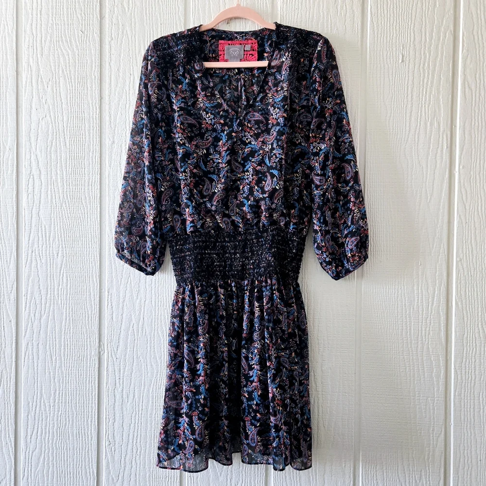 Anthro Vanessa Virginia Daytripper V Neck Paisley Smocked Waist Black Medium - Picture 3 of 6